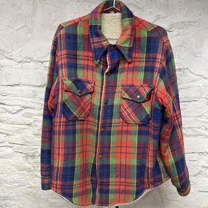 VTG 60s 70s Plaid Coat Jacket Sherpa Lined Shirt Gorpcore USA Faded Distressed